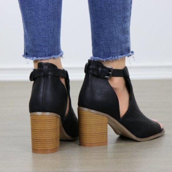 Peep Toe Black Faux Leather Heeled Ankle Boots - Picture 3 of 7